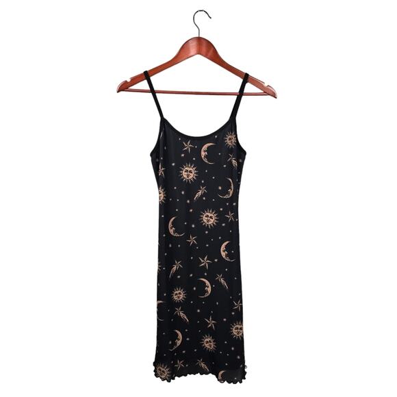 HOROSCOPEZ Witchy Spaghetti Strap Dress Black/Gold Womens Sz M Whimsy Goth Y2K - Picture 1 of 13